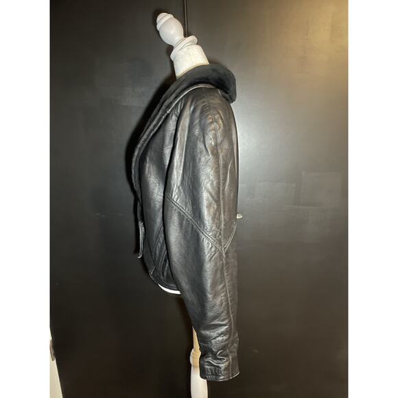 Vtg John Carlisle San Francisco Black Leather Jacket Shearling Collar 80s 90s M. - Picture 4 of 12